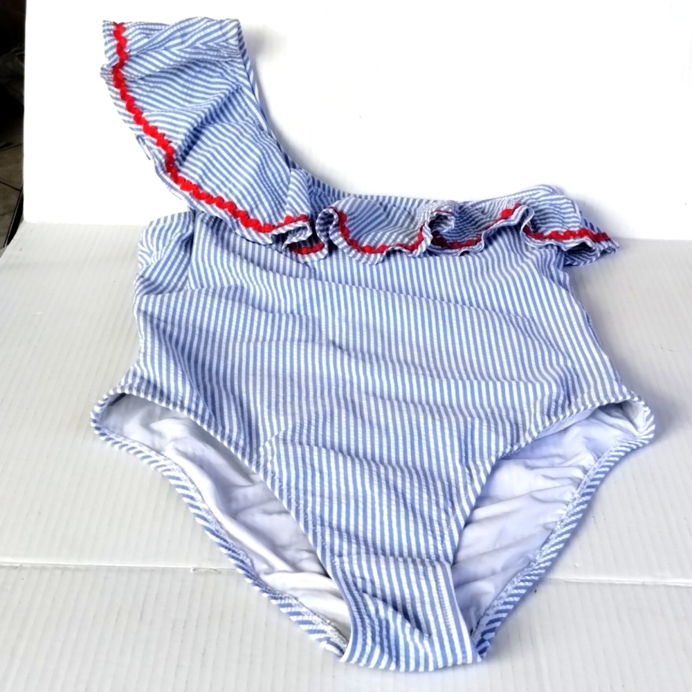 J. Crew Blue and White Striped One-Shoulder Swimsuit